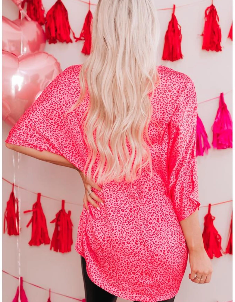 Rose Leopard Print Oversized Half Sleeve V Neck Top
