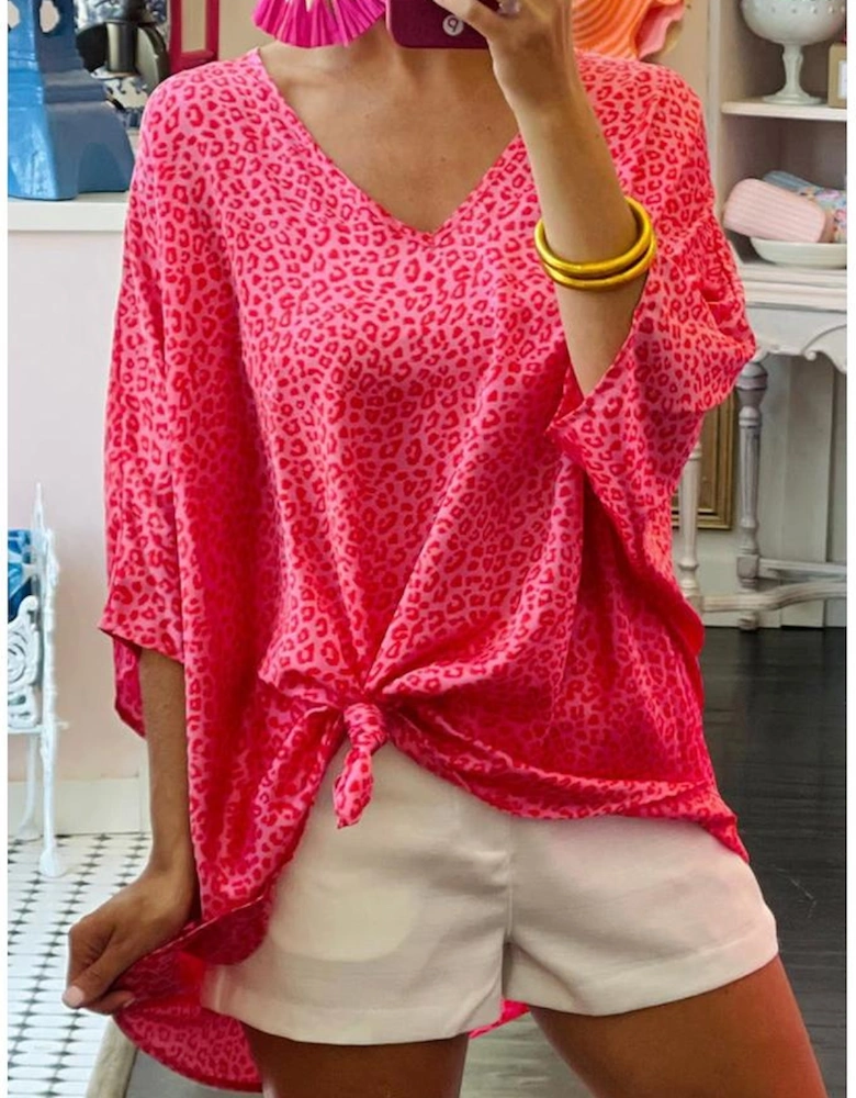 Rose Leopard Print Oversized Half Sleeve V Neck Top