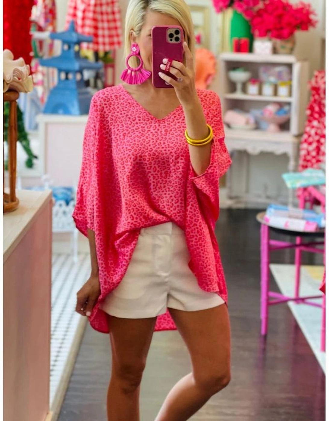 Rose Leopard Print Oversized Half Sleeve V Neck Top