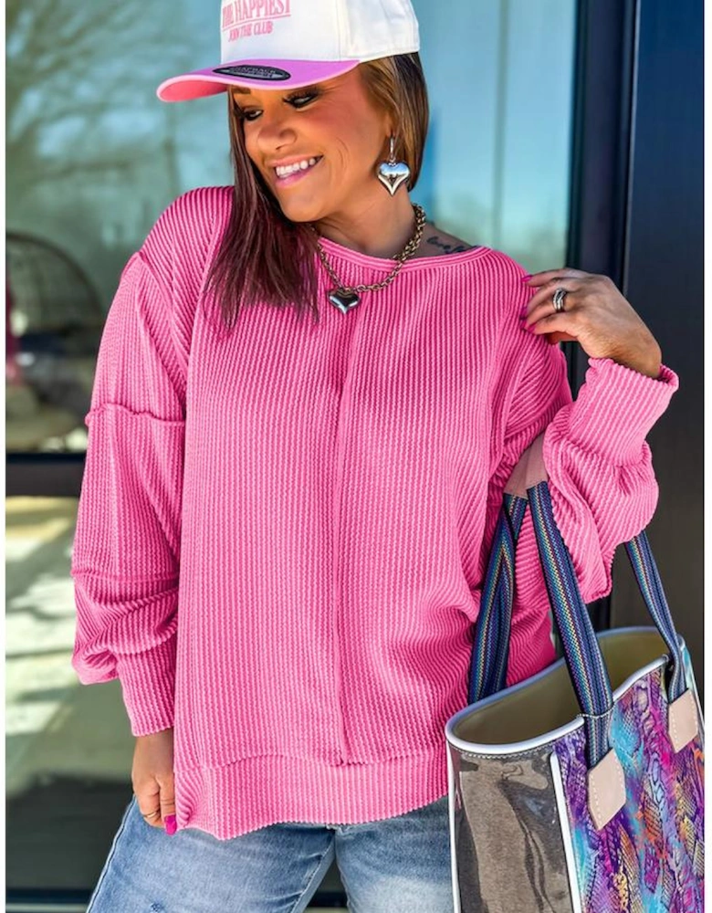 Bonbon Spiral Ribbed Exposed Seam Detail Plus Size Long Sleeve Top