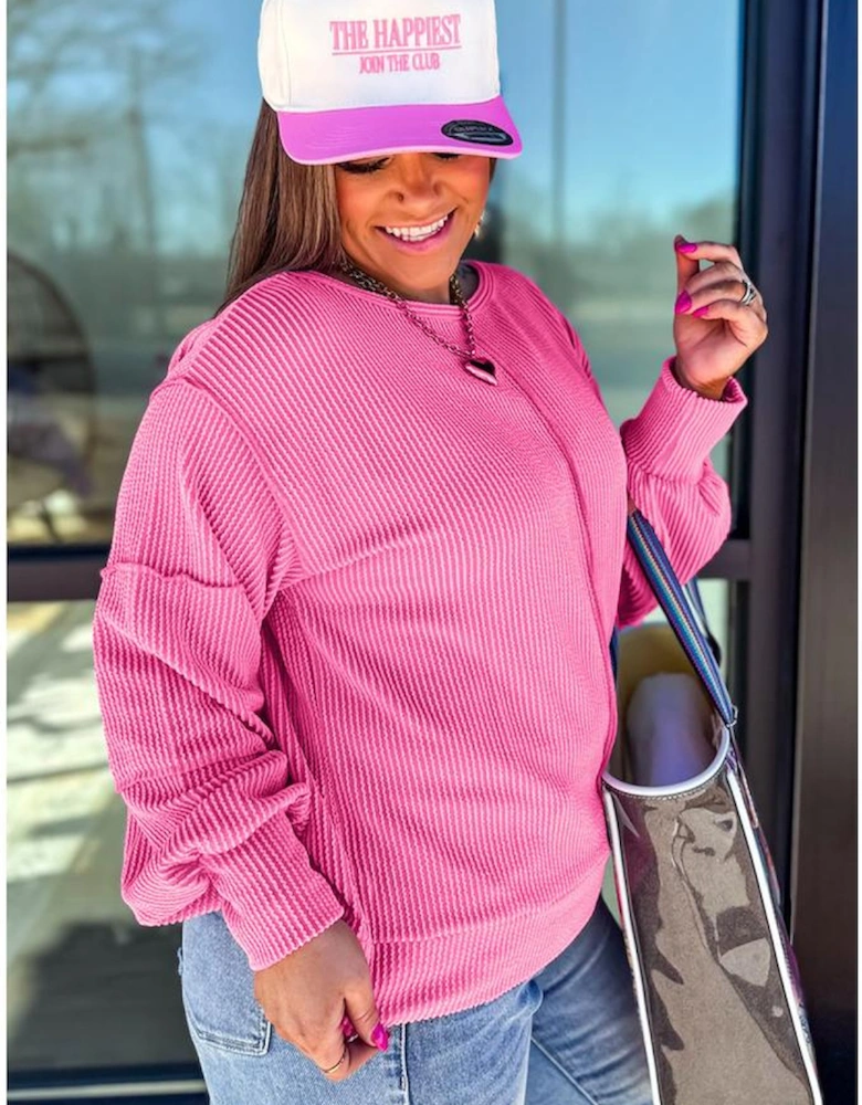 Bonbon Spiral Ribbed Exposed Seam Detail Plus Size Long Sleeve Top