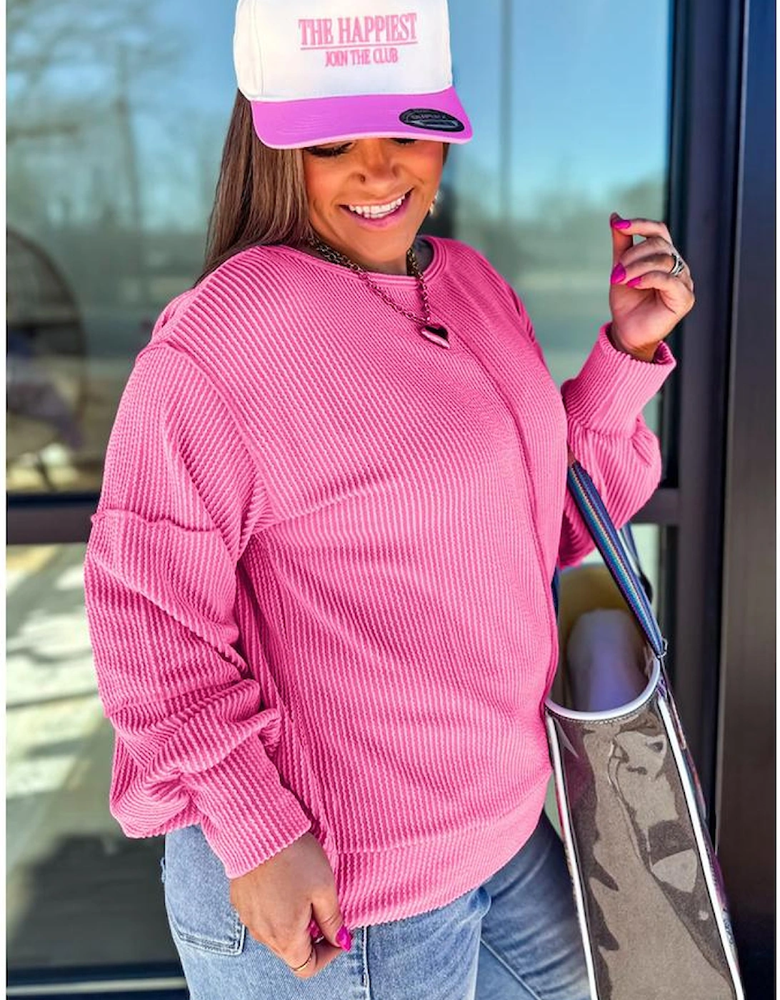 Bonbon Spiral Ribbed Exposed Seam Detail Plus Size Long Sleeve Top