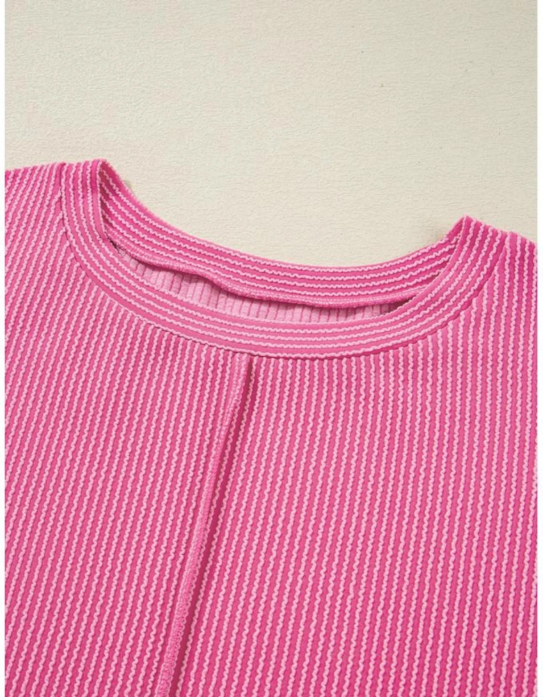 Bonbon Spiral Ribbed Exposed Seam Detail Plus Size Long Sleeve Top