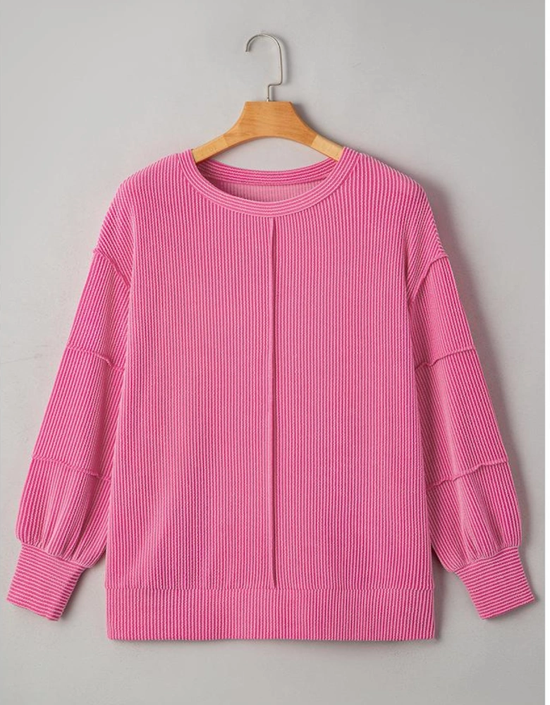 Bonbon Spiral Ribbed Exposed Seam Detail Plus Size Long Sleeve Top
