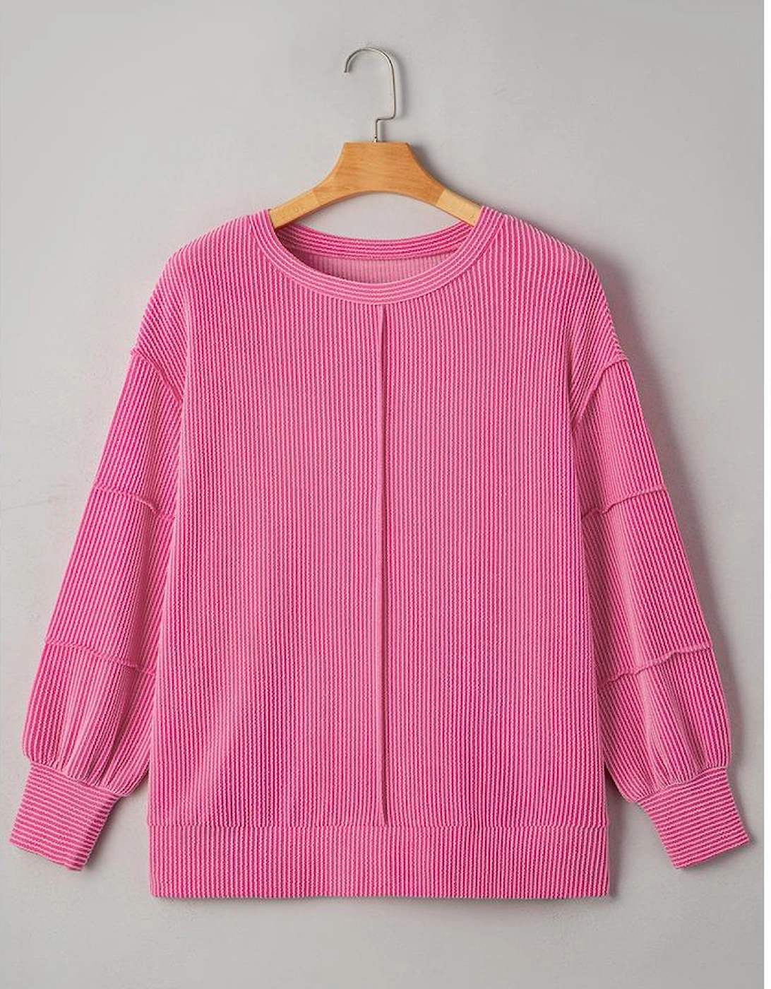 Bonbon Spiral Ribbed Exposed Seam Detail Plus Size Long Sleeve Top