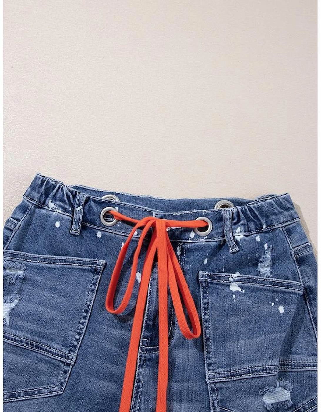 Ashleigh Blue Ripped Splattering Paint Rope Waist Cropped Straight Jeans