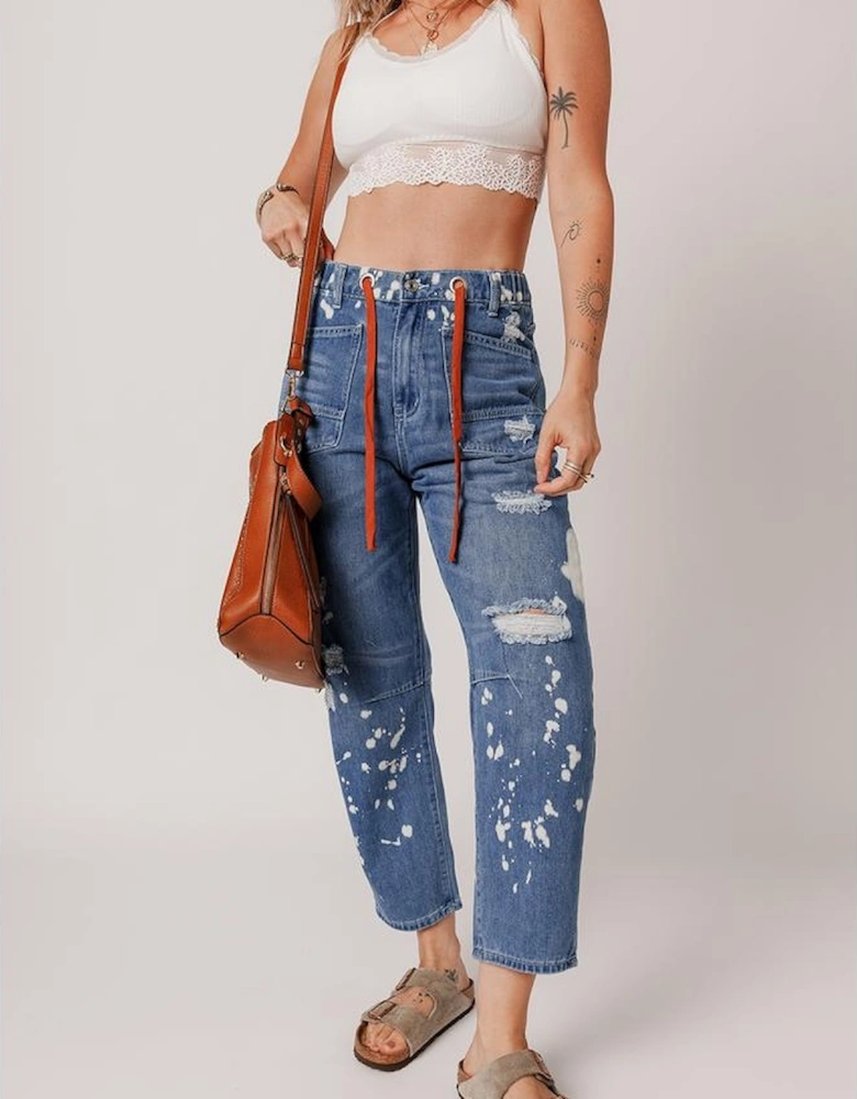 Ashleigh Blue Ripped Splattering Paint Rope Waist Cropped Straight Jeans