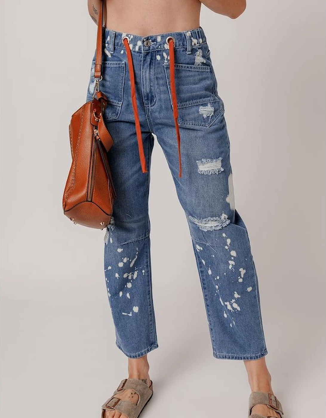 Ashleigh Blue Ripped Splattering Paint Rope Waist Cropped Straight Jeans