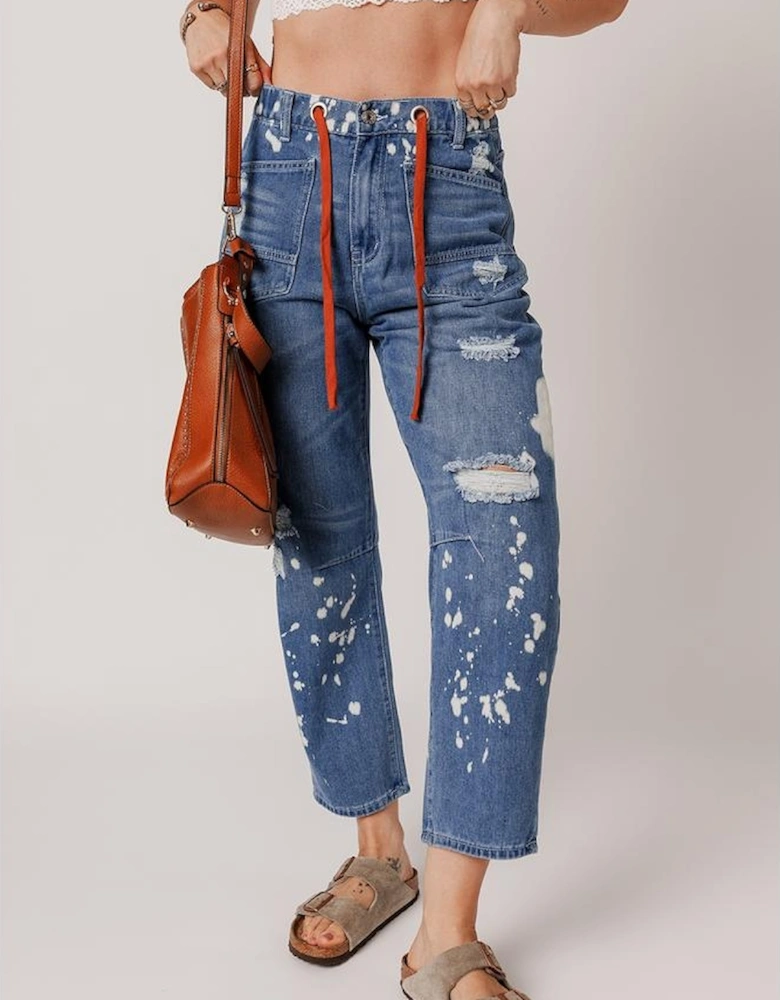 Ashleigh Blue Ripped Splattering Paint Rope Waist Cropped Straight Jeans