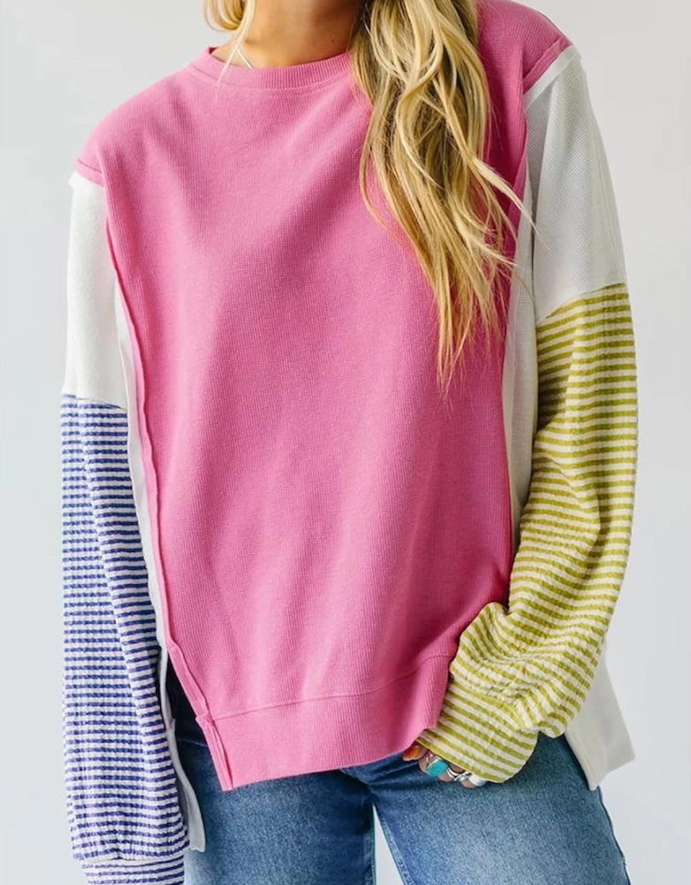 Sachet Pink Exposed Seam Striped Color Block Patchwork Long Sleeve Top