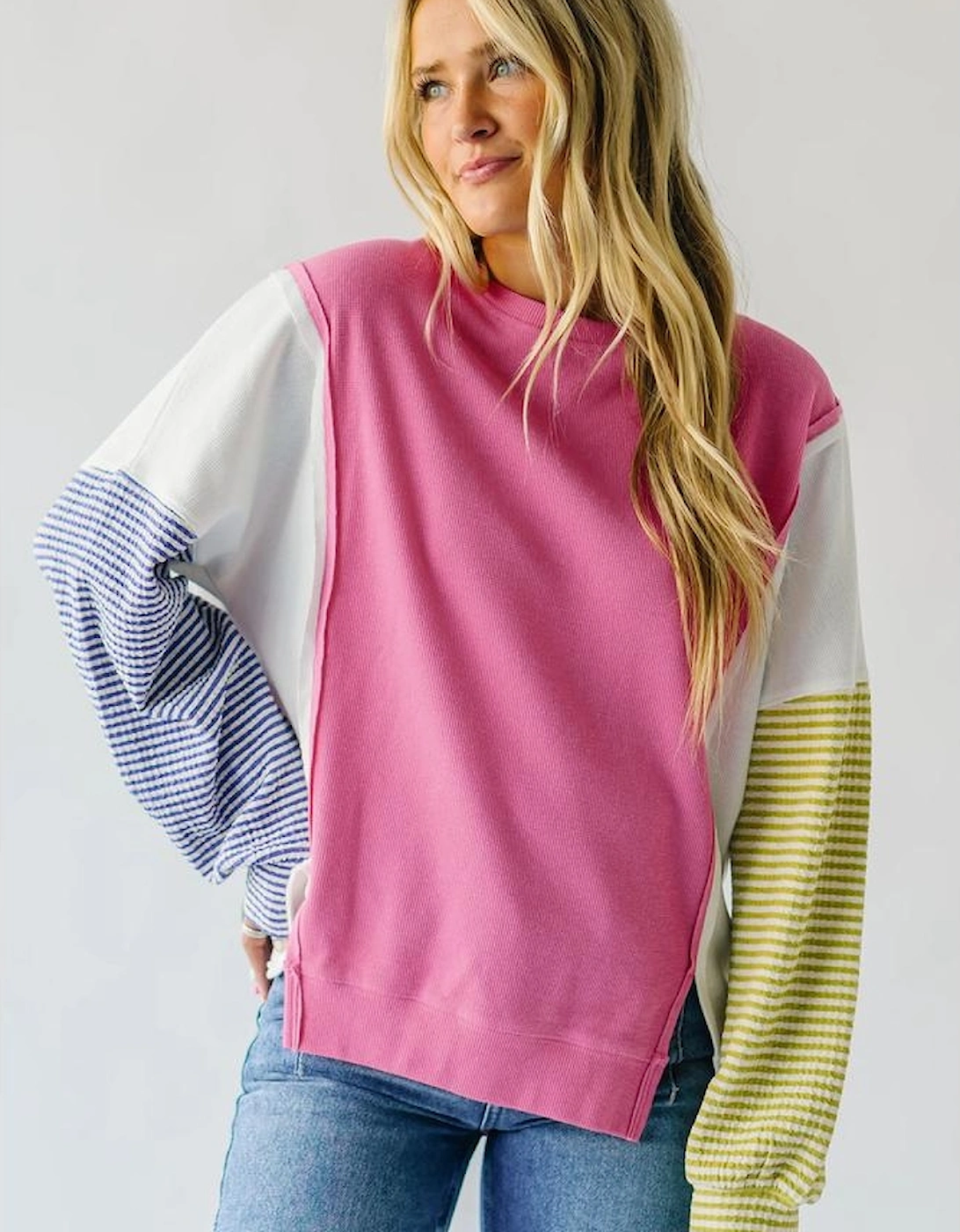 Sachet Pink Exposed Seam Striped Color Block Patchwork Long Sleeve Top
