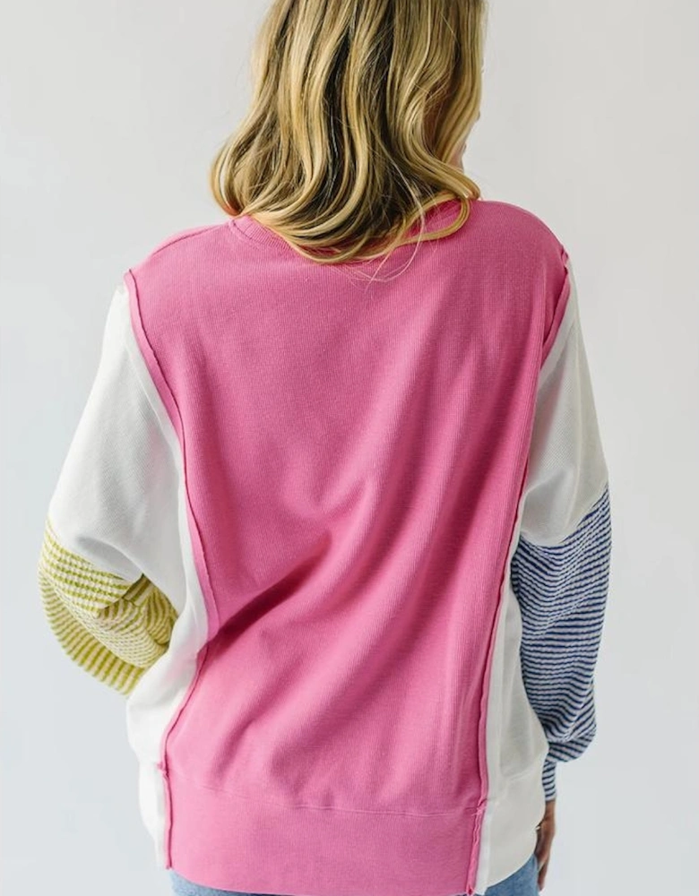 Sachet Pink Exposed Seam Striped Color Block Patchwork Long Sleeve Top