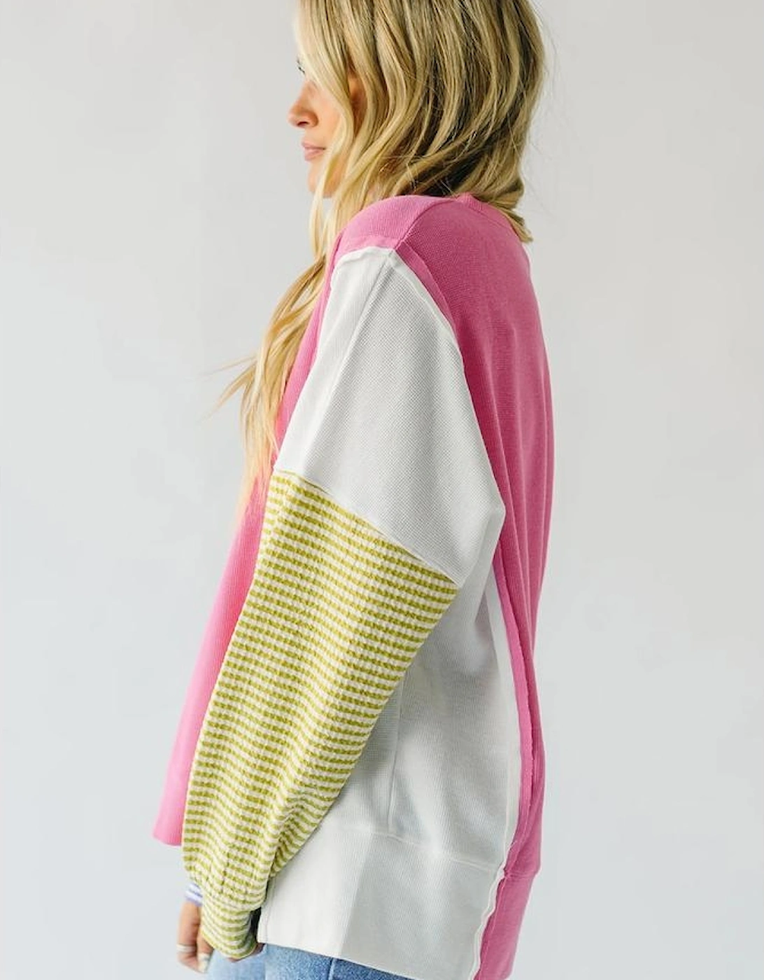 Sachet Pink Exposed Seam Striped Color Block Patchwork Long Sleeve Top