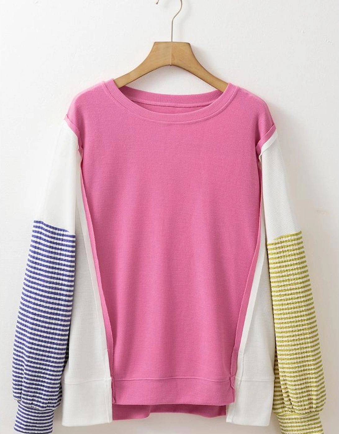 Sachet Pink Exposed Seam Striped Color Block Patchwork Long Sleeve Top