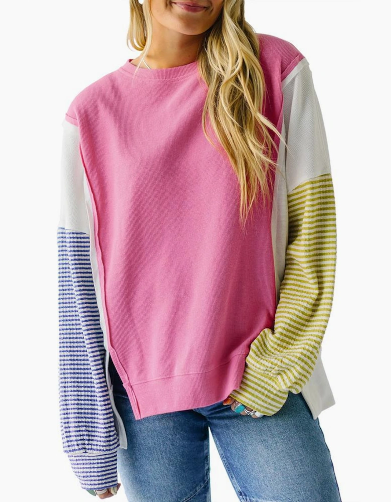 Sachet Pink Exposed Seam Striped Color Block Patchwork Long Sleeve Top