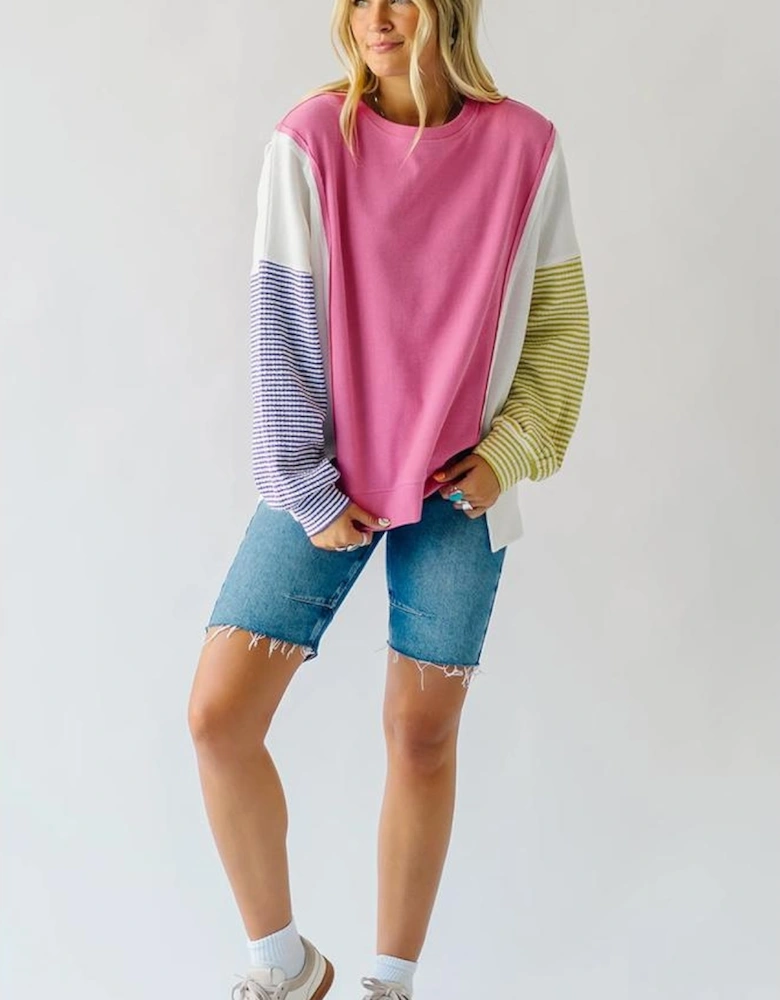 Sachet Pink Exposed Seam Striped Color Block Patchwork Long Sleeve Top