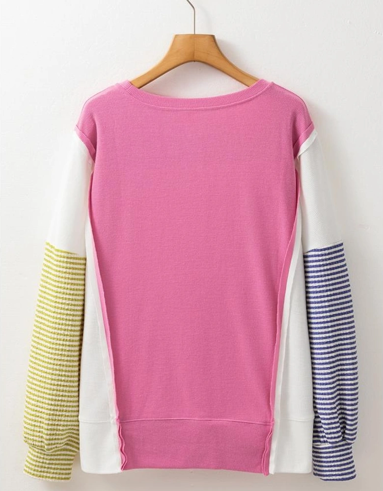 Sachet Pink Exposed Seam Striped Color Block Patchwork Long Sleeve Top