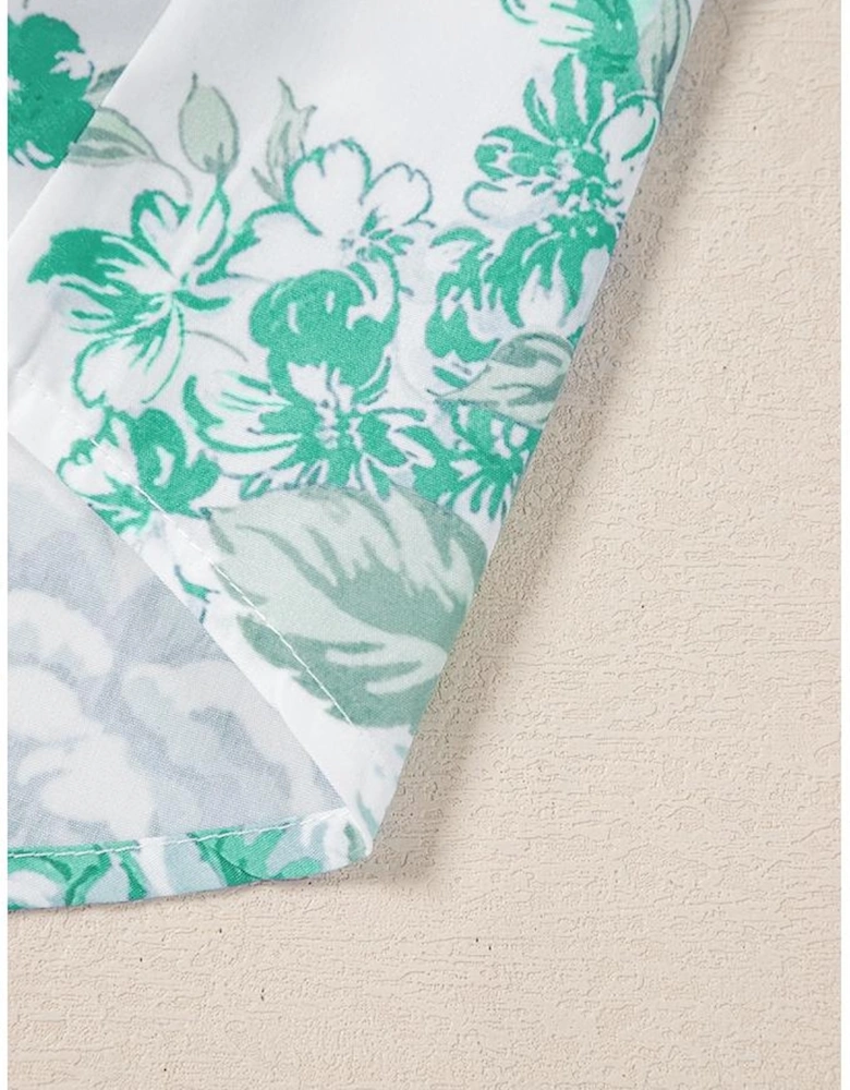 Green Floral Print Ruffle Sleeve Frilly Button Up Shirt