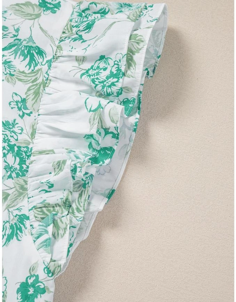 Green Floral Print Ruffle Sleeve Frilly Button Up Shirt