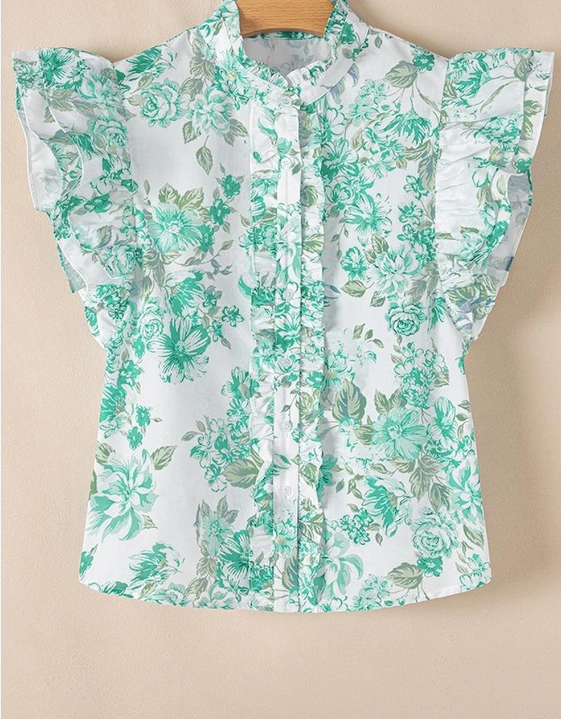 Green Floral Print Ruffle Sleeve Frilly Button Up Shirt
