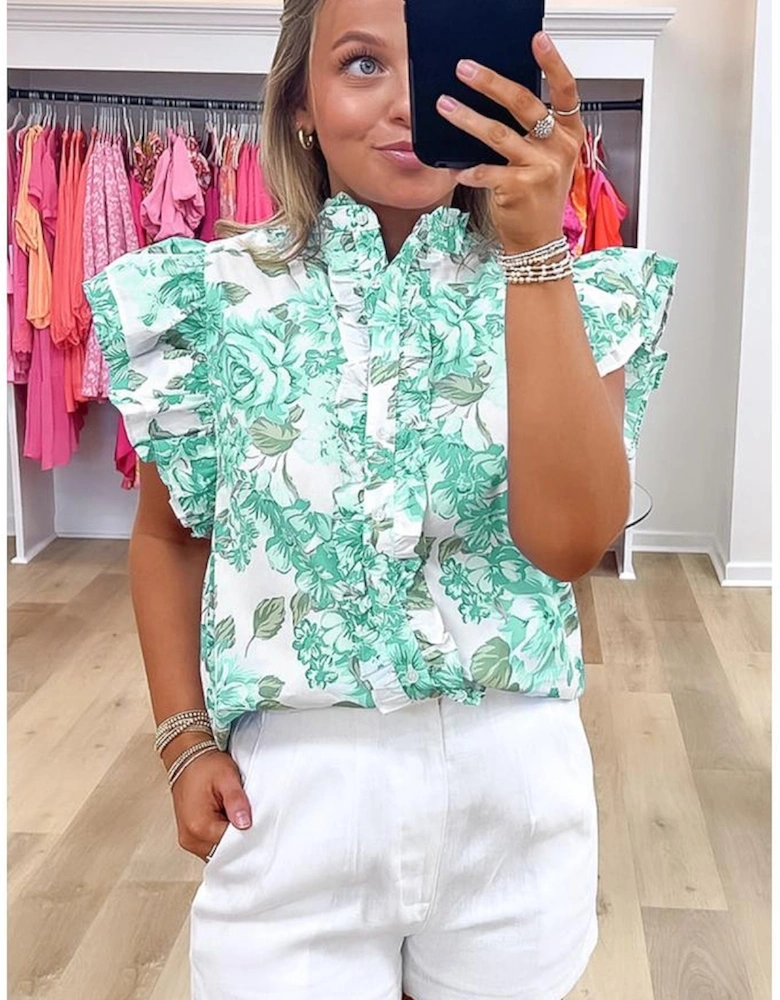 Green Floral Print Ruffle Sleeve Frilly Button Up Shirt