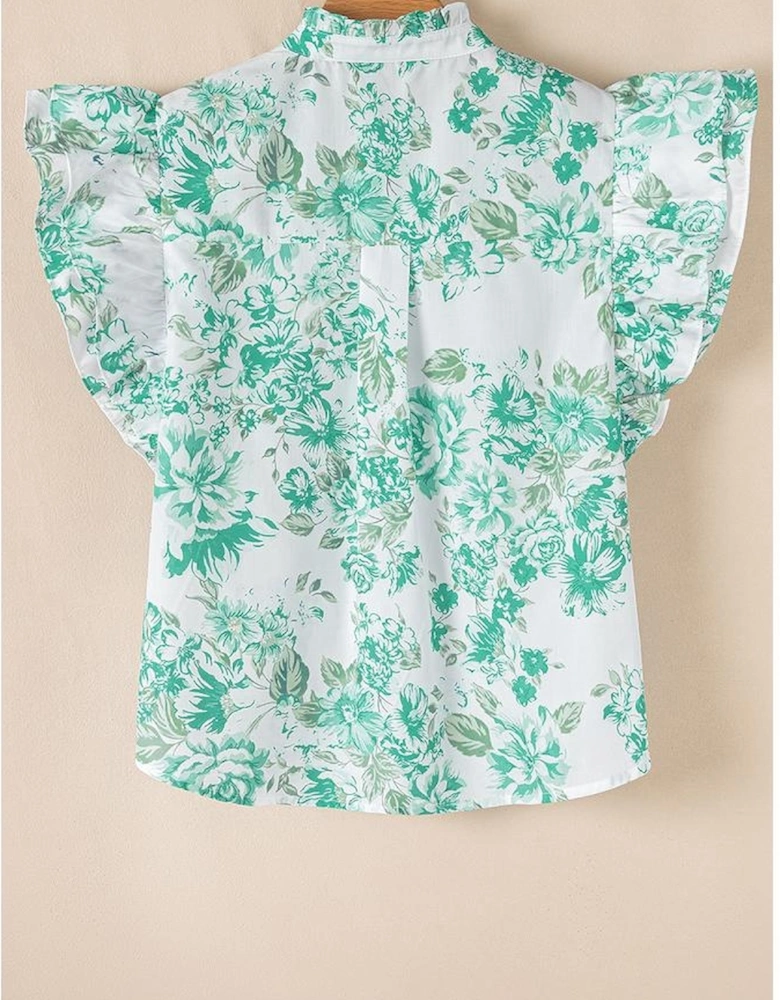 Green Floral Print Ruffle Sleeve Frilly Button Up Shirt
