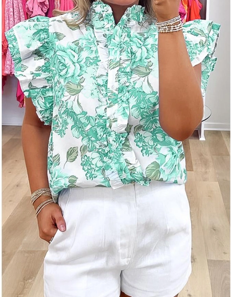 Green Floral Print Ruffle Sleeve Frilly Button Up Shirt