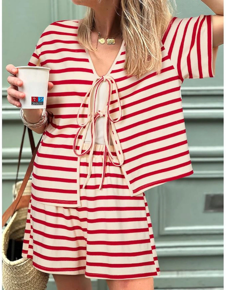 Red Stripe Lace-up Front Top and High Waist Shorts Set