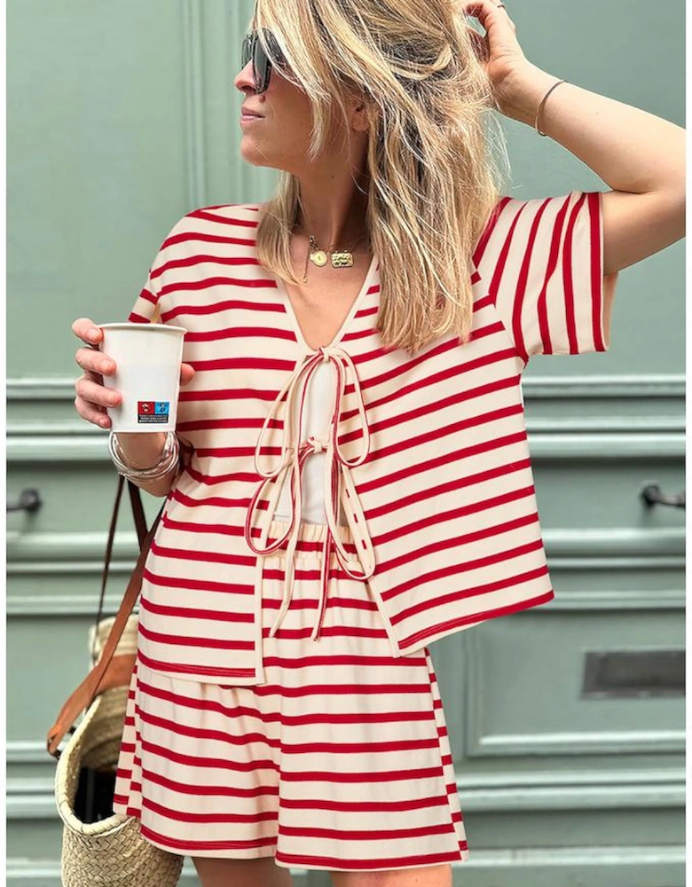 Red Stripe Lace-up Front Top and High Waist Shorts Set