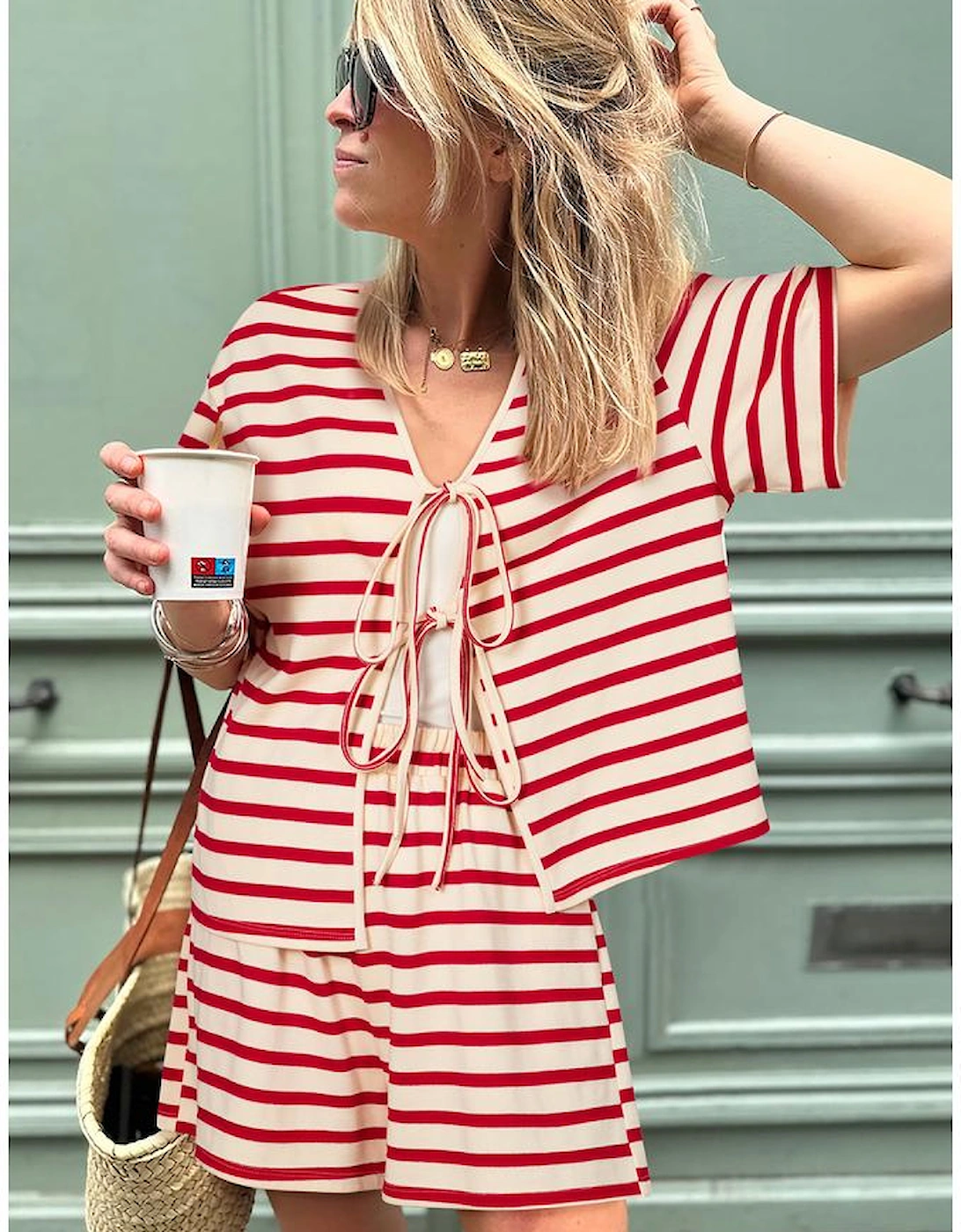 Red Stripe Lace-up Front Top and High Waist Shorts Set