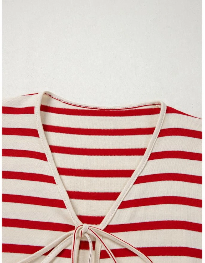 Red Stripe Lace-up Front Top and High Waist Shorts Set
