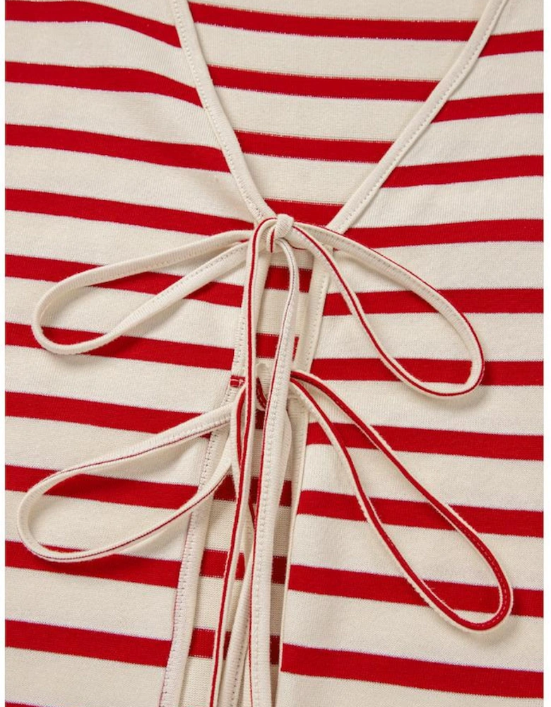 Red Stripe Lace-up Front Top and High Waist Shorts Set