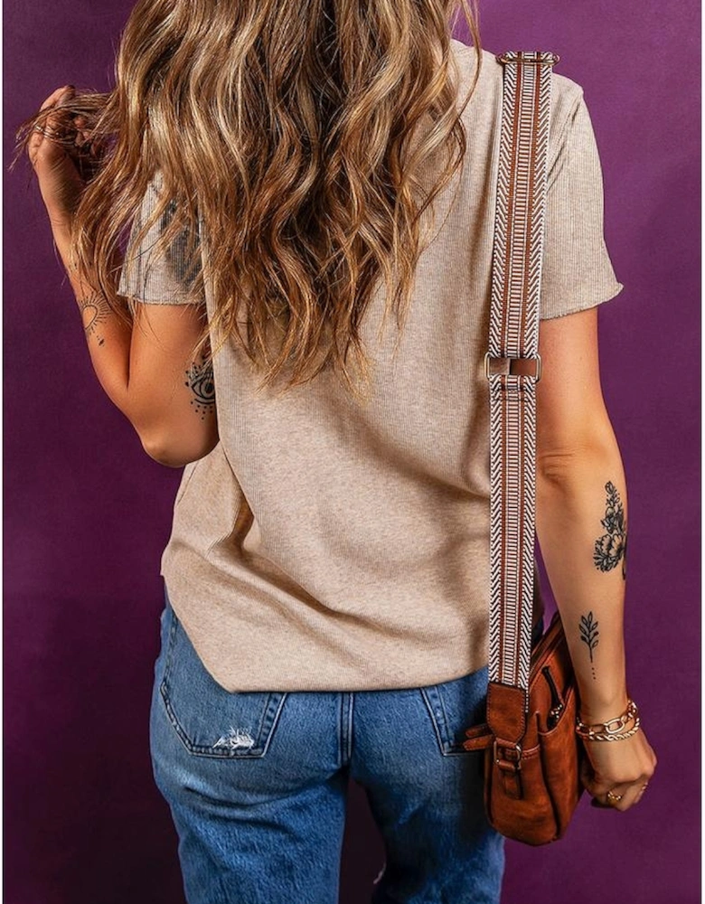 Oatmeal Short Sleeve Half Button Ribbed Knit Top