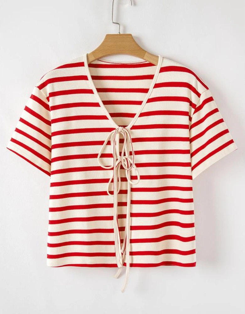 Red Stripe Lace-up Front Top and High Waist Shorts Set