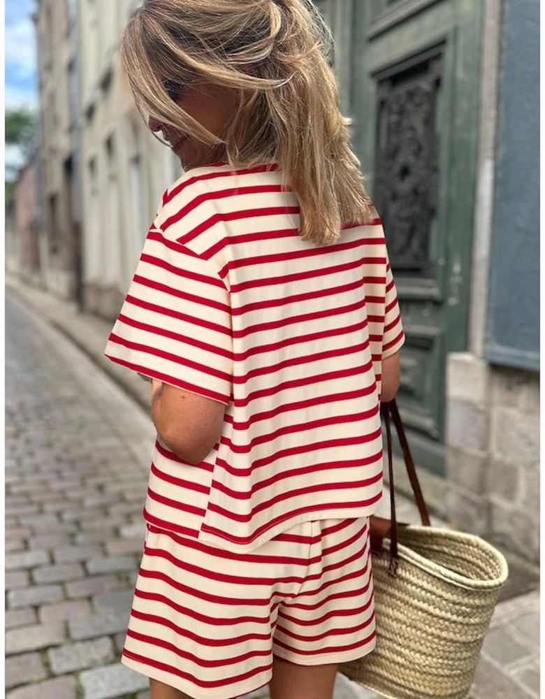 Red Stripe Lace-up Front Top and High Waist Shorts Set
