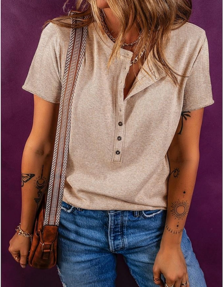Oatmeal Short Sleeve Half Button Ribbed Knit Top