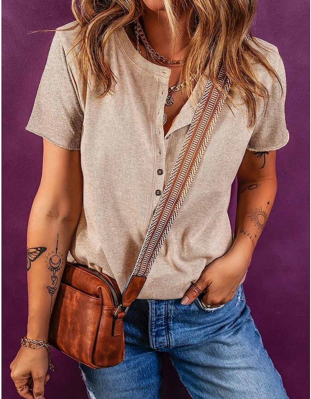 Oatmeal Short Sleeve Half Button Ribbed Knit Top