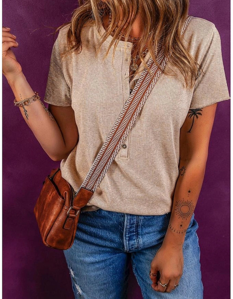 Oatmeal Short Sleeve Half Button Ribbed Knit Top