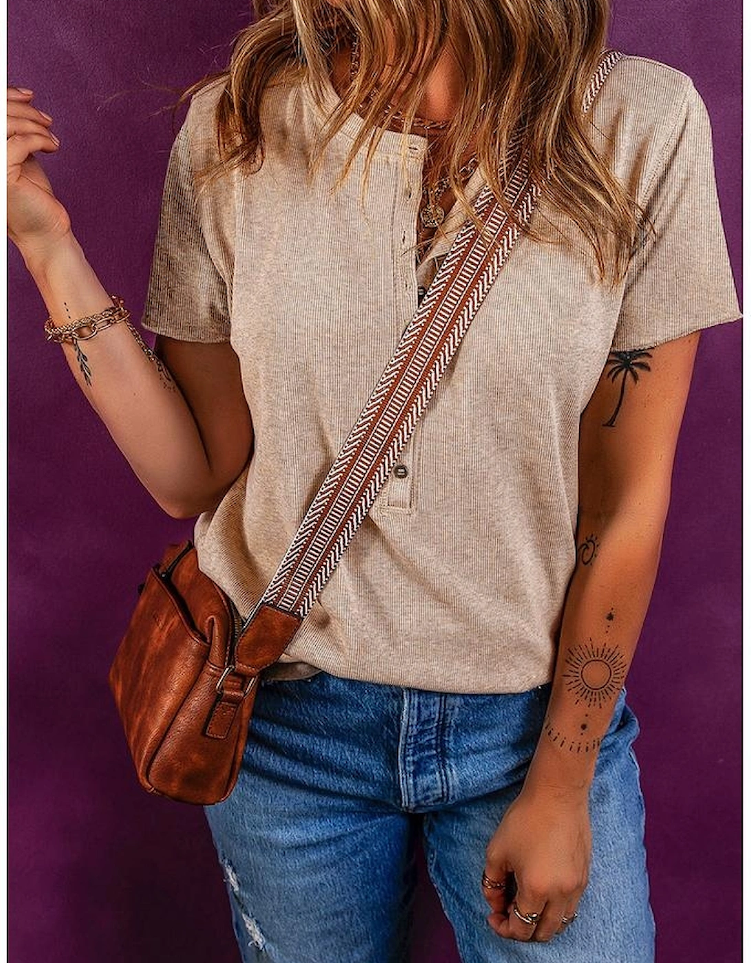 Oatmeal Short Sleeve Half Button Ribbed Knit Top