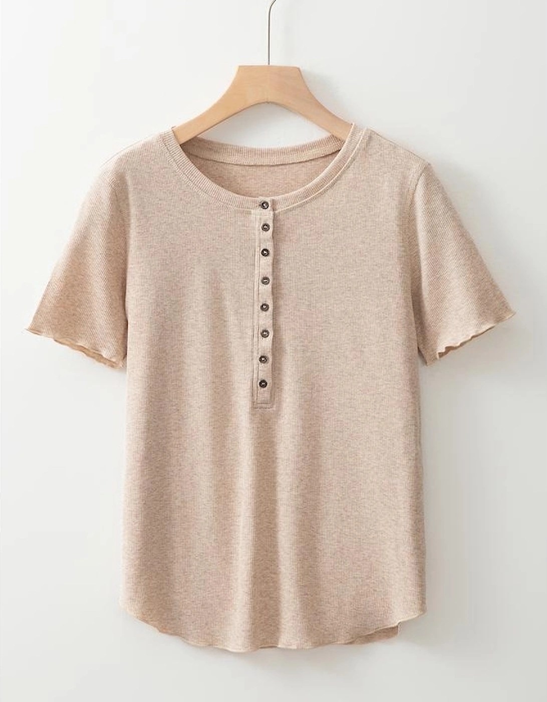 Oatmeal Short Sleeve Half Button Ribbed Knit Top