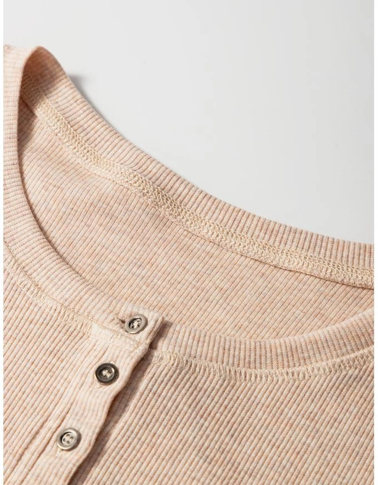 Oatmeal Short Sleeve Half Button Ribbed Knit Top