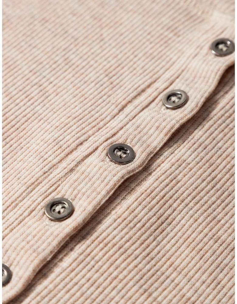 Oatmeal Short Sleeve Half Button Ribbed Knit Top