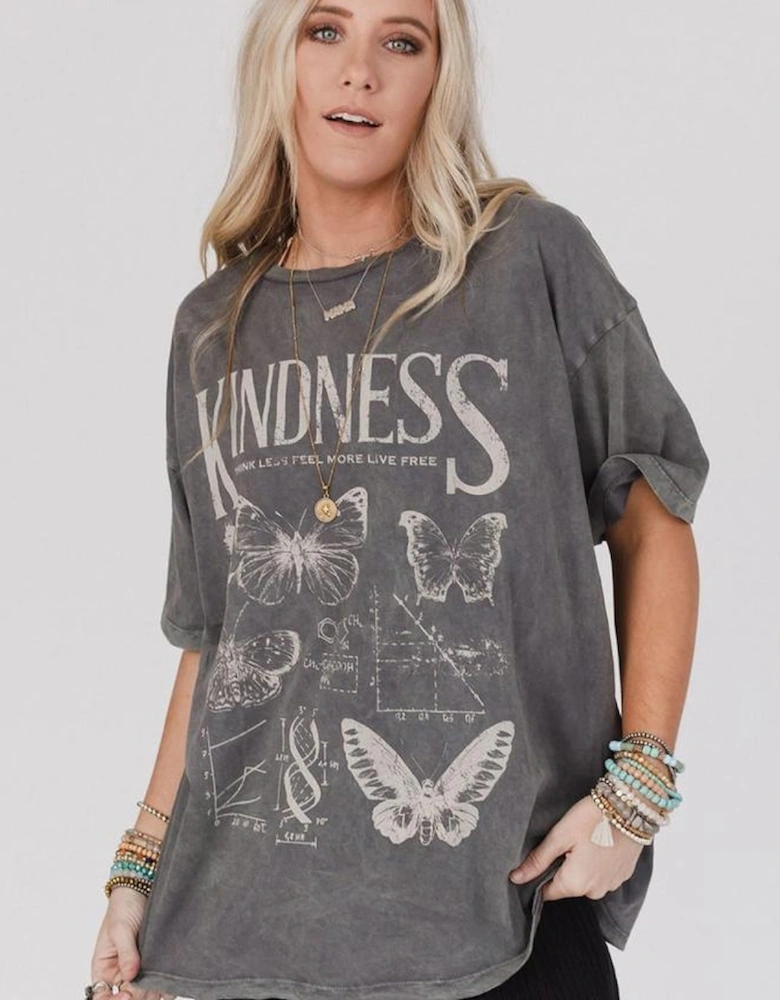 Dark Grey Kindness Butterflies Graphic Mineral Wash Loose Tee