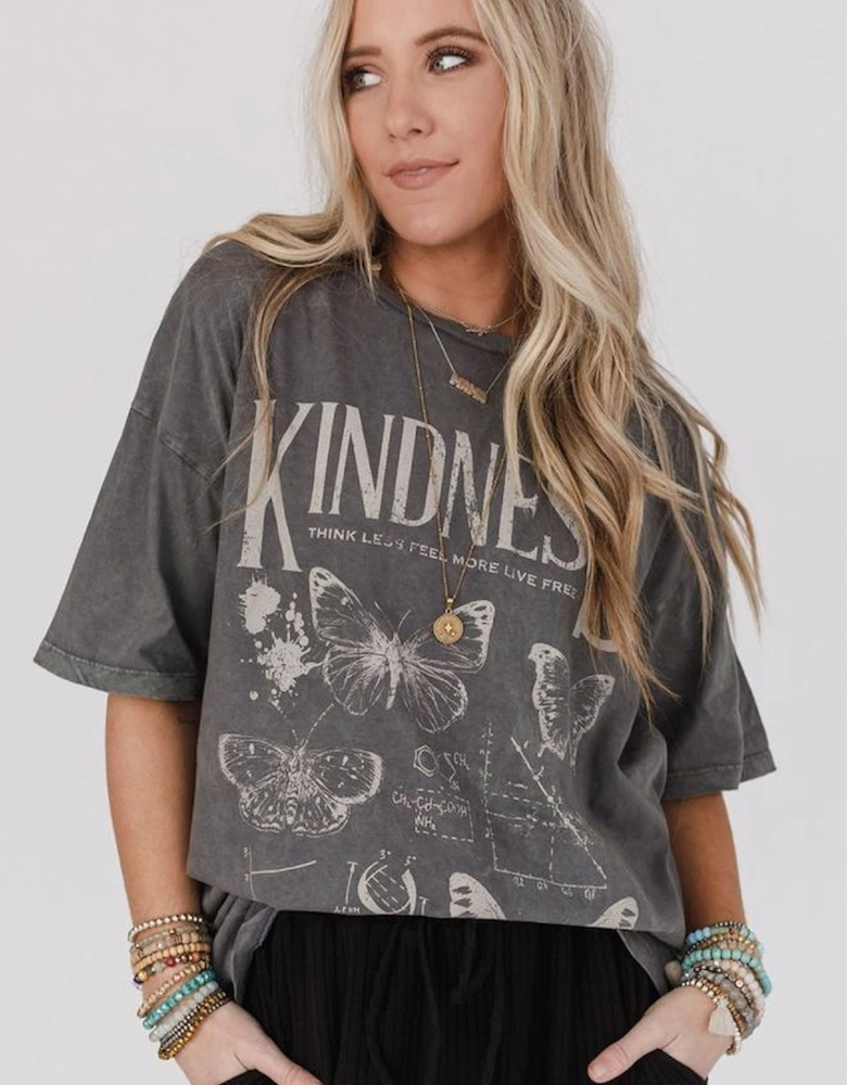 Dark Grey Kindness Butterflies Graphic Mineral Wash Loose Tee