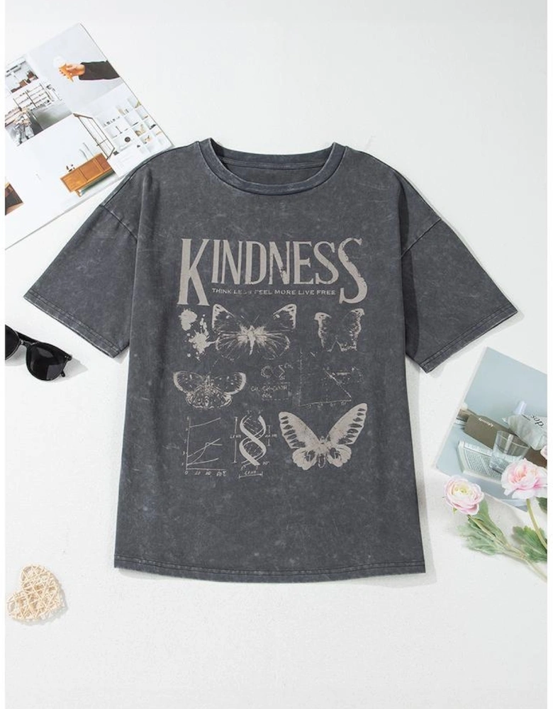 Dark Grey Kindness Butterflies Graphic Mineral Wash Loose Tee