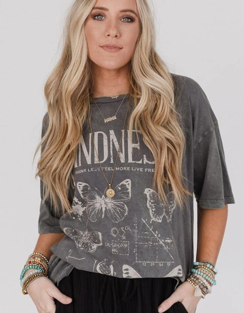 Dark Grey Kindness Butterflies Graphic Mineral Wash Loose Tee