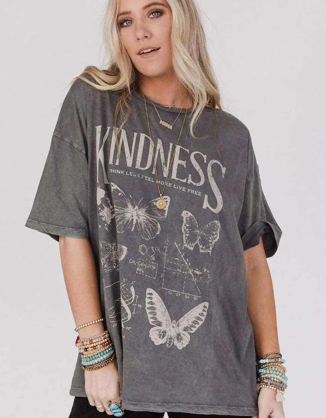 Dark Grey Kindness Butterflies Graphic Mineral Wash Loose Tee