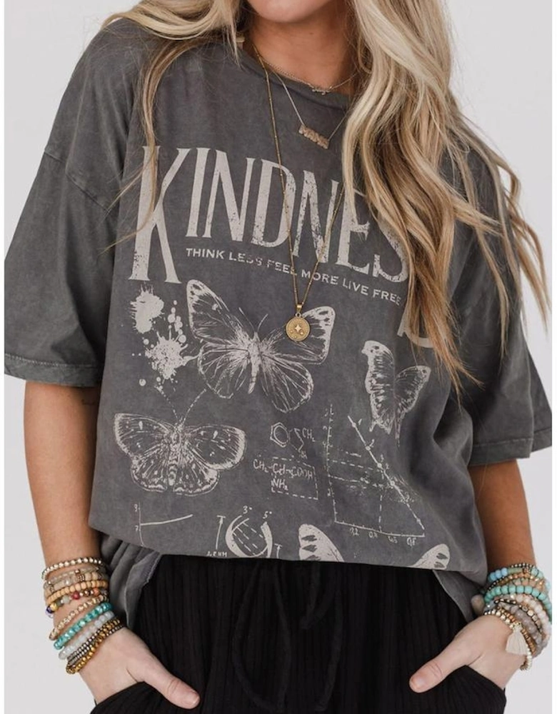 Dark Grey Kindness Butterflies Graphic Mineral Wash Loose Tee