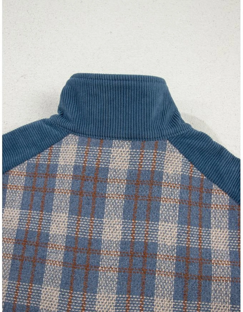 Gray Plaid Corduroy Patchwork Collared Zip Up Snap Button Jacket