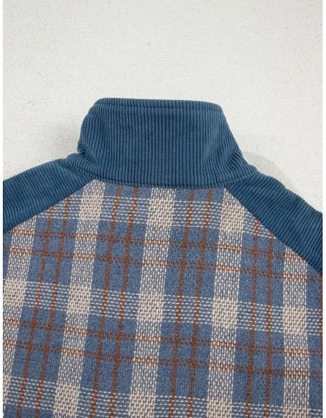 Gray Plaid Corduroy Patchwork Collared Zip Up Snap Button Jacket